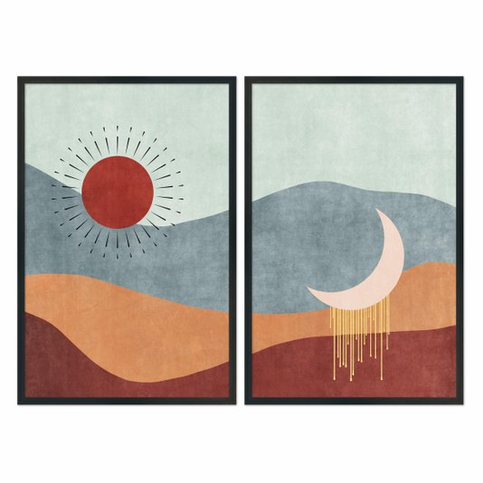 Kit 2 Quadros Decorativos Sol e Lua Boho