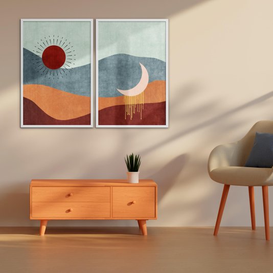 Kit 2 Quadros Decorativos Sol e Lua Boho