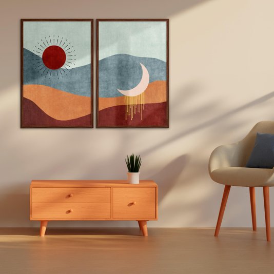 Kit 2 Quadros Decorativos Sol e Lua Boho