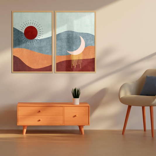 Kit 2 Quadros Decorativos Sol e Lua Boho
