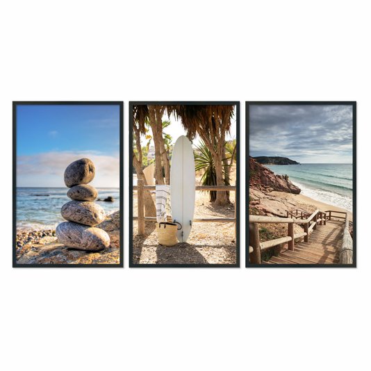 Kit 3 Quadros Decorativos Praia Pedras Prancha e Mar