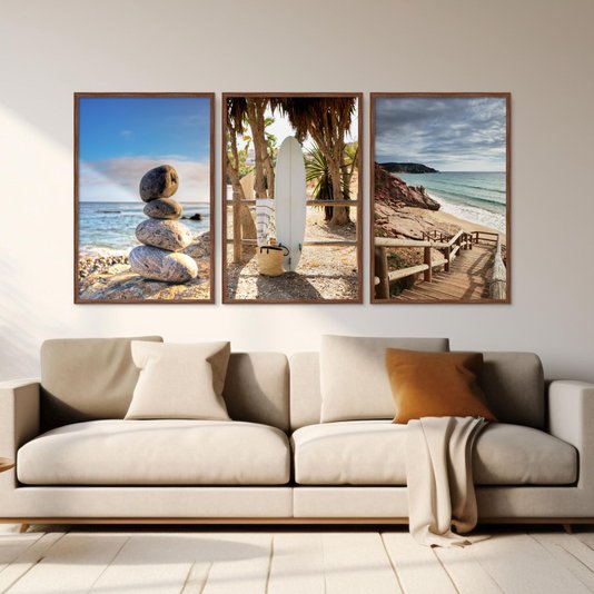 Kit 3 Quadros Decorativos Praia Pedras Prancha e Mar