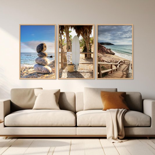 Kit 3 Quadros Decorativos Praia Pedras Prancha e Mar