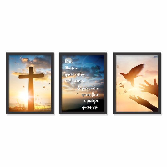 Kit de 3 Quadros Decorativos Deus Abençoe Quem Entra Nessa Casa, Dê Paz Para Quem Fica e Proteja Quem Sai
