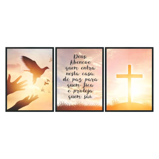 Kit de 3 Quadros Decorativos Deus Abençoe Quem Entra Nessa Casa, Dê Paz Para Quem Fica e Proteja Quem Sai