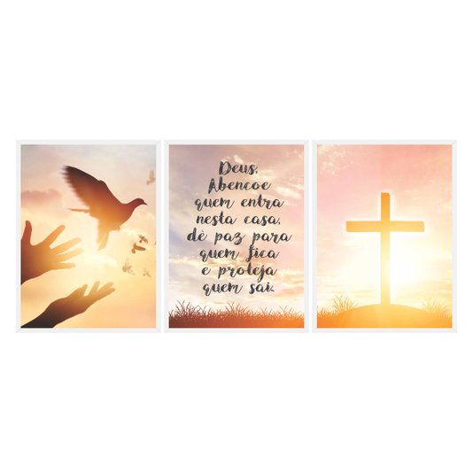 Kit de 3 Quadros Decorativos Deus Abençoe Quem Entra Nessa Casa, Dê Paz Para Quem Fica e Proteja Quem Sai