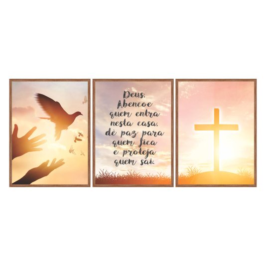 Kit de 3 Quadros Decorativos Deus Abençoe Quem Entra Nessa Casa, Dê Paz Para Quem Fica e Proteja Quem Sai