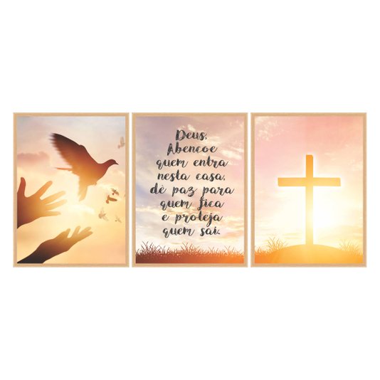 Kit de 3 Quadros Decorativos Deus Abençoe Quem Entra Nessa Casa, Dê Paz Para Quem Fica e Proteja Quem Sai