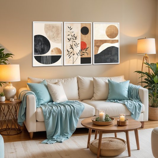 Kit 3 Quadros Decorativos Pintura Formas Abstratas Boho