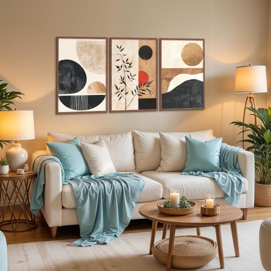 Kit 3 Quadros Decorativos Pintura Formas Abstratas Boho