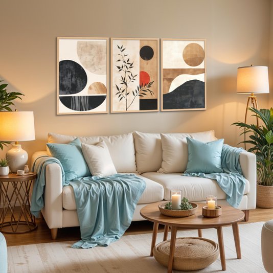 Kit 3 Quadros Decorativos Pintura Formas Abstratas Boho