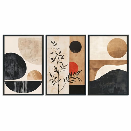 Kit 3 Quadros Decorativos Pintura Formas Abstratas Boho