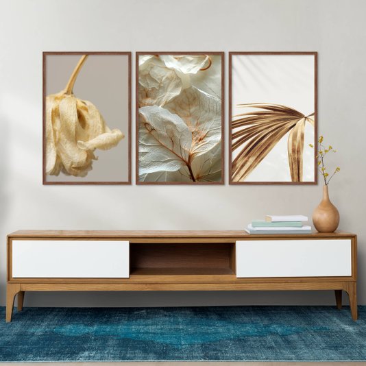 Kit 3 Quadros Decorativos Folhagens Douradas Minimalistas