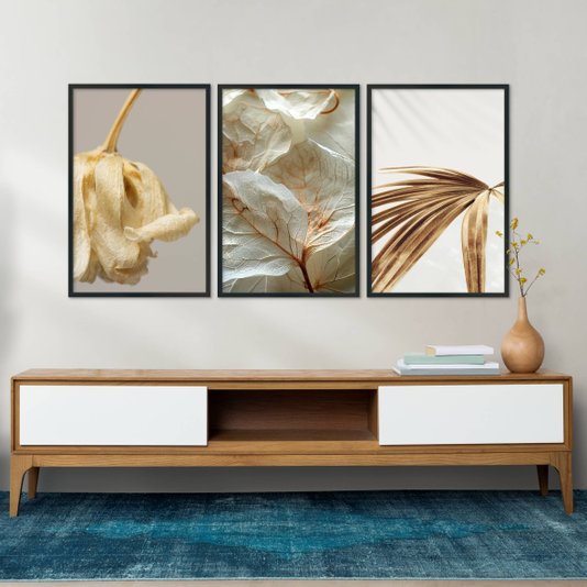 Kit 3 Quadros Decorativos Folhagens Douradas Minimalistas