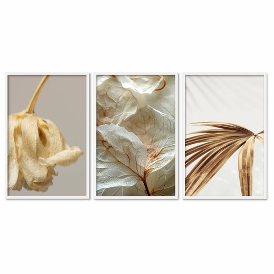 Kit 3 Quadros Decorativos Folhagens Douradas Minimalistas