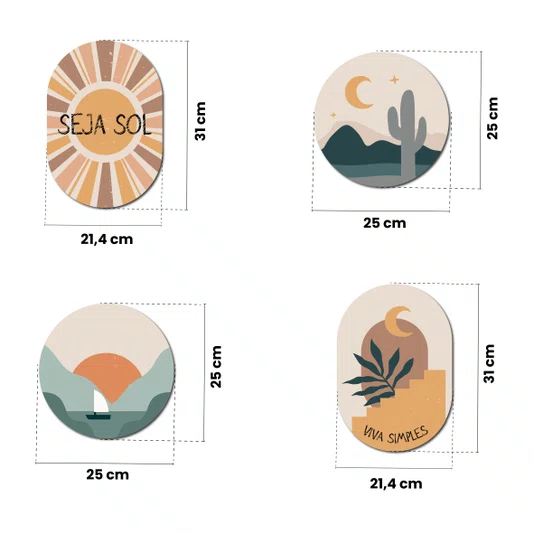 Kit de 4 Placas Decorativas Estilo Boho Parede de Quarto, Sala, Hall de Entrada