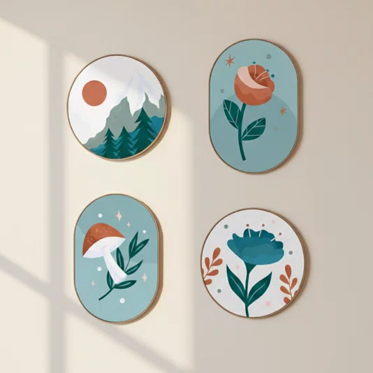 Kit de 4 Quadros Decorativos Estilo Floresta Natureza Cottagecore Parede de Quarto, Sala, Hall de Entrada