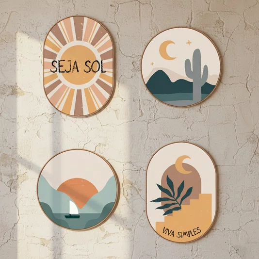 Kit de 4 Quadros Decorativos Estilo Boho Parede de Quarto, Sala, Hall de Entrada