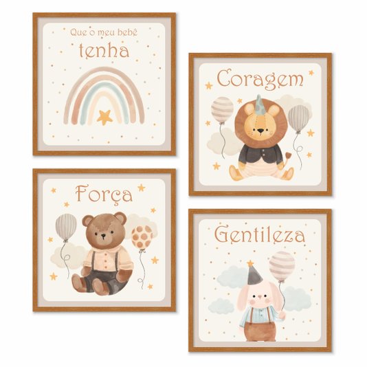 Kit de 4 Quadros Decorativos Infantis Que o Meu Bebê Tenha  Coragem Força e Gentileza