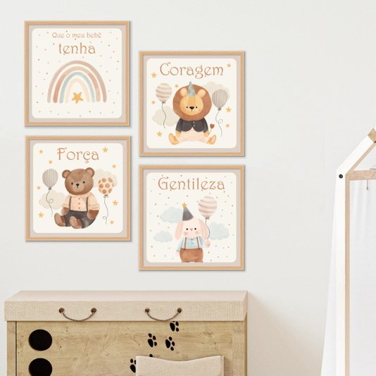 Kit de 4 Quadros Decorativos Infantis Que o Meu Bebê Tenha  Coragem Força e Gentileza