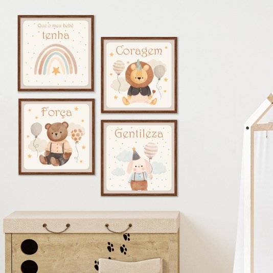 Kit de 4 Quadros Decorativos Infantis Que o Meu Bebê Tenha  Coragem Força e Gentileza