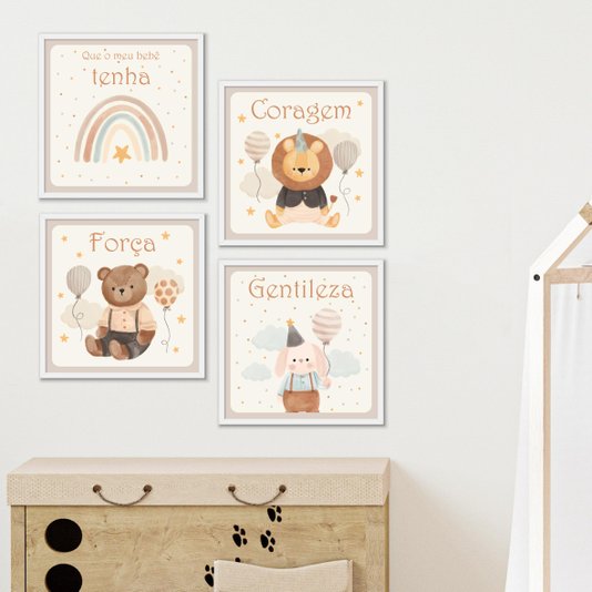 Kit de 4 Quadros Decorativos Infantis Que o Meu Bebê Tenha  Coragem Força e Gentileza