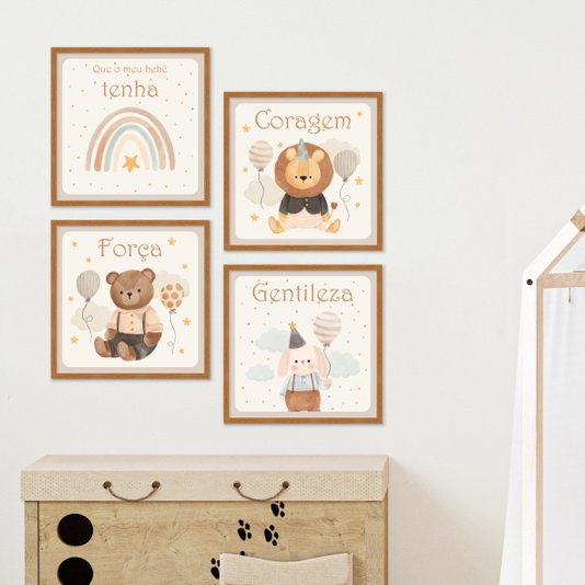 Kit de 4 Quadros Decorativos Infantis Que o Meu Bebê Tenha  Coragem Força e Gentileza
