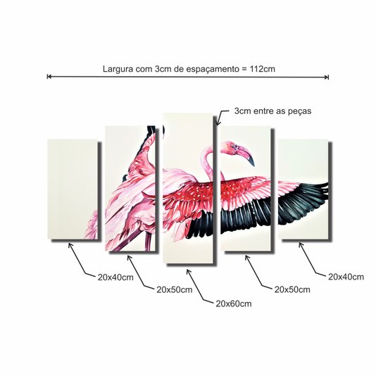 Kit de Quadros Decorativos Flamingo Rosa com Asas Abertas
