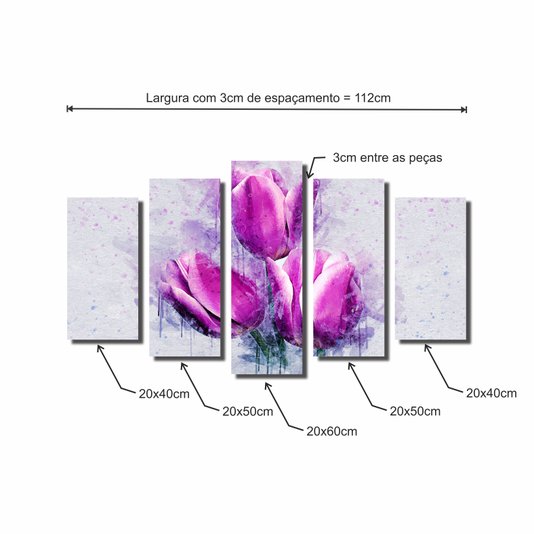 Kit de Quadros Decorativos Flor Ornamental Tulipa Roxa