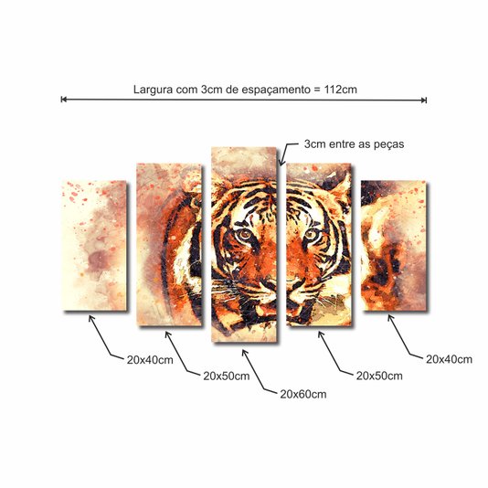 Kit de Quadros Decorativos Ilustração de Tigre Laranja