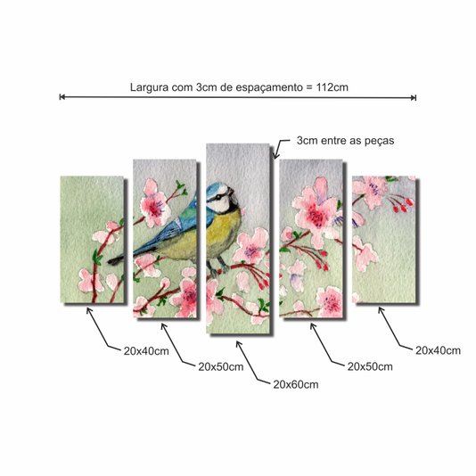 Kit de Quadros Decorativos Pássaro em Galhos de Cerejeira