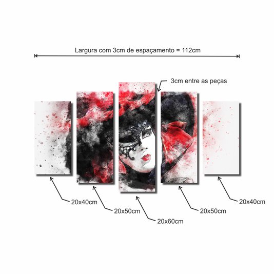 Kit de Quadros Decorativos Pintura Mulher Máscara e Chapéu