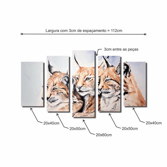 Kit de Quadros Decorativos Pintura Três Felinos Lince