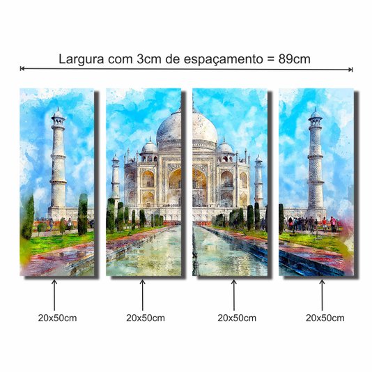 Kit de Quadros Decorativos Pintura Watercolor Taj Mahal