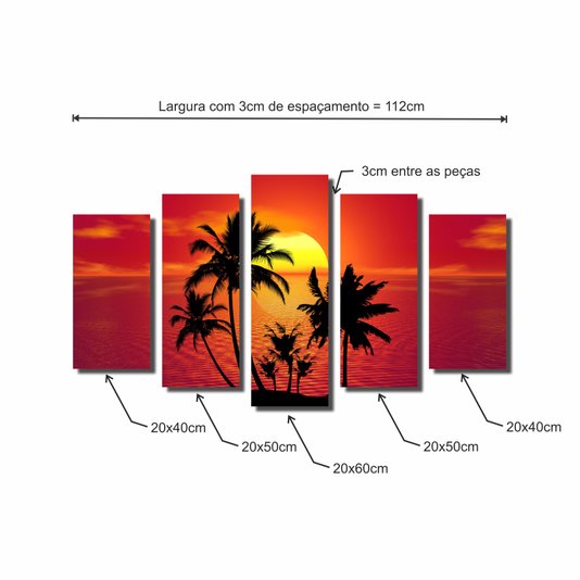 Kit de Quadros Decorativos Por do Sol no Mar e Palmeiras
