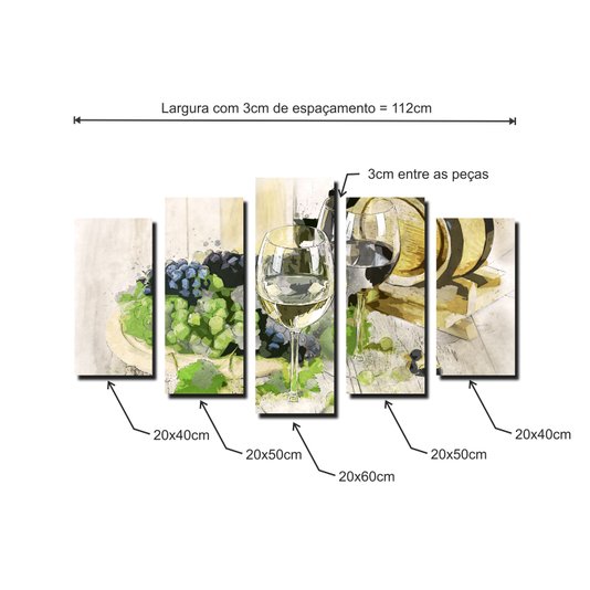 Kit de Quadros Decorativos Uvas Barril e Taças de Vinho