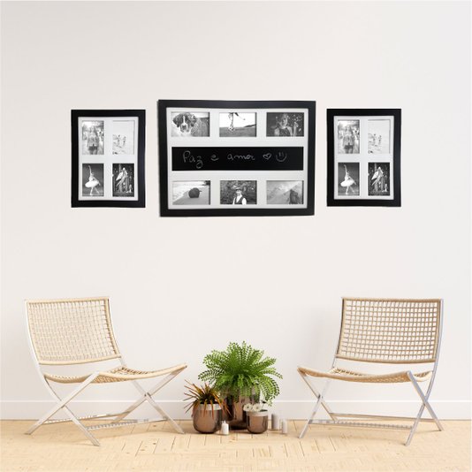 Kit Trio de Quadros Painéis de Parede para 14 fotos 10x15cm e Blackboard para Escrever com Giz