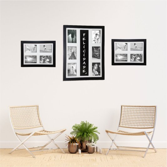Kit Trio de Quadros Painéis de Parede para 14 fotos 10x15cm e Blackboard para Escrever com Giz