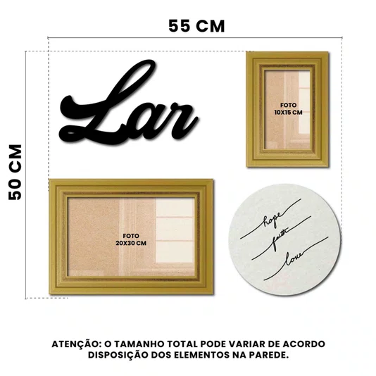Kit Decorativo de Parede com Molduras para Foto e Placas Decorativas Palavra Lar – Conjunto de Quadros para Sala, Quarto