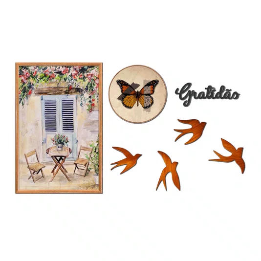 Kit Decorativo de Parede Estilo Boho para Sala, Quarto ou Escritório — Mesa com Cadeiras, Pássaros, Gratidão e Borboleta