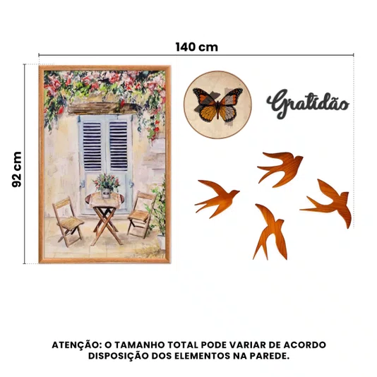 Kit Decorativo de Parede Estilo Boho para Sala, Quarto ou Escritório — Mesa com Cadeiras, Pássaros, Gratidão e Borboleta