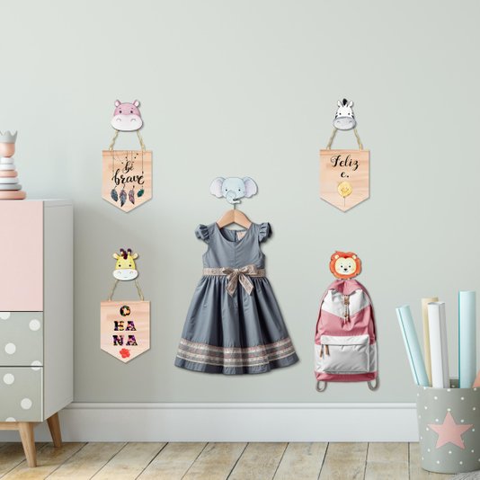 Kit Gancho Cabideiro de Parede Infantil Safari Baby