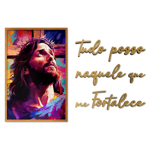Kit Quadro Decorativo Jesus e Frase Dourada de Parede Tudo Posso Naquele Que Me Fortalece
