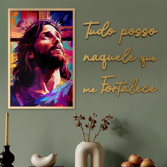 Kit Quadro Decorativo Jesus e Frase Dourada de Parede Tudo Posso Naquele Que Me Fortalece