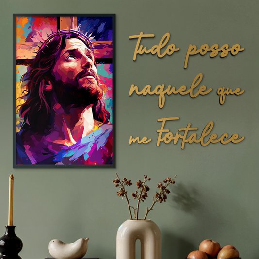 Kit Quadro Decorativo Jesus e Frase Dourada de Parede Tudo Posso Naquele Que Me Fortalece
