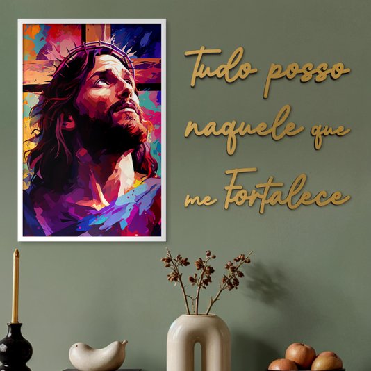 Kit Quadro Decorativo Jesus e Frase Dourada de Parede Tudo Posso Naquele Que Me Fortalece