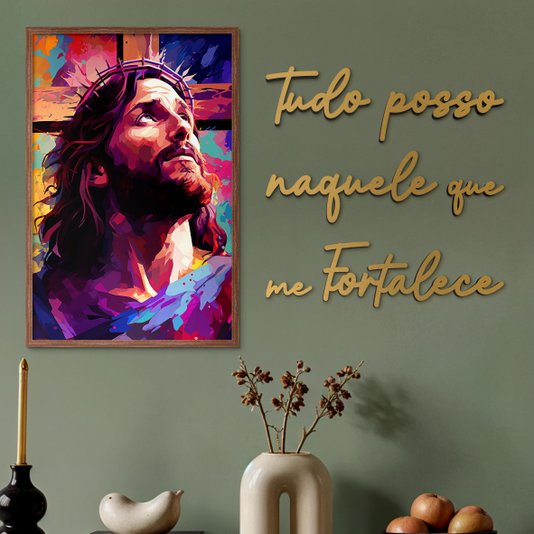 Kit Quadro Decorativo Jesus e Frase Dourada de Parede Tudo Posso Naquele Que Me Fortalece