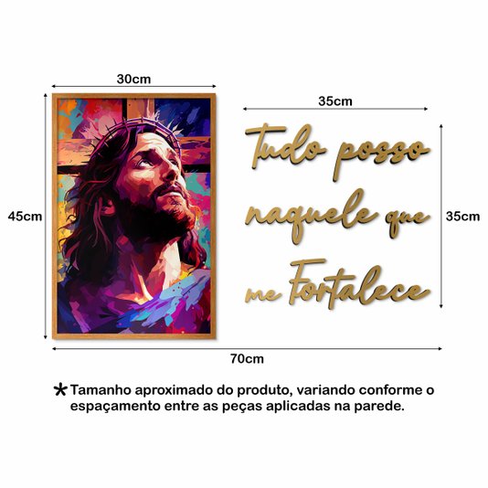 Kit Quadro Decorativo Jesus e Frase Dourada de Parede Tudo Posso Naquele Que Me Fortalece