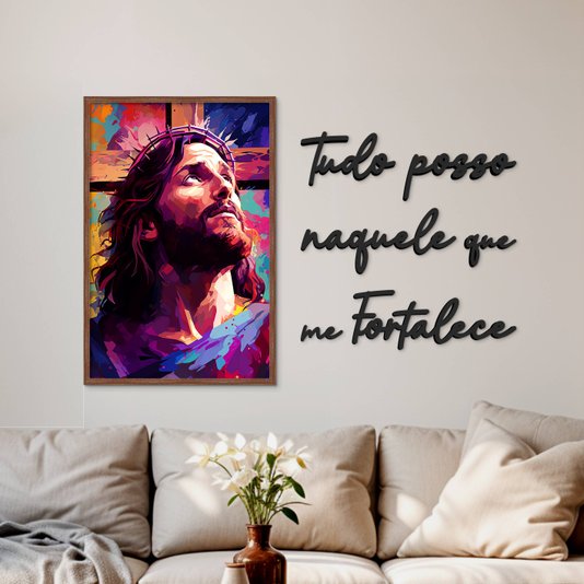 Kit Quadro Decorativo Jesus e Frase Preta de Parede Tudo Posso Naquele Que Me Fortalece