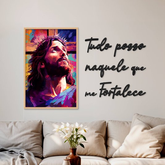 Kit Quadro Decorativo Jesus e Frase Preta de Parede Tudo Posso Naquele Que Me Fortalece